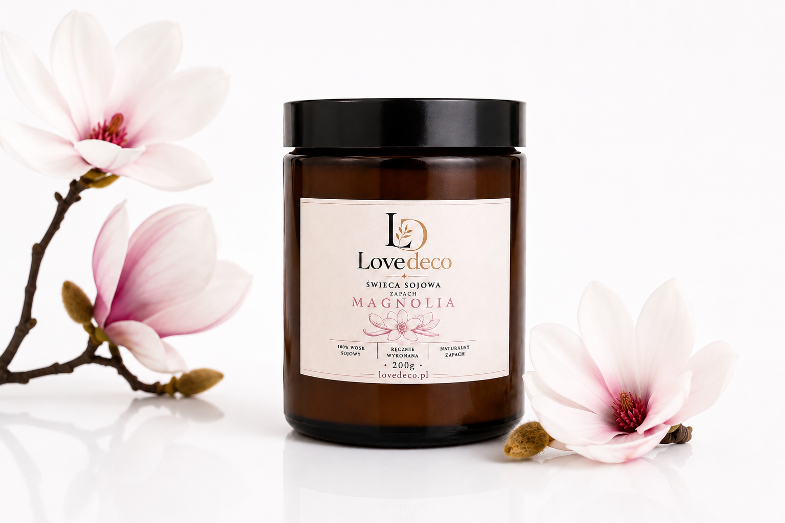 Świeca sojowa zapach magnolia, 200g, Lovedeco.